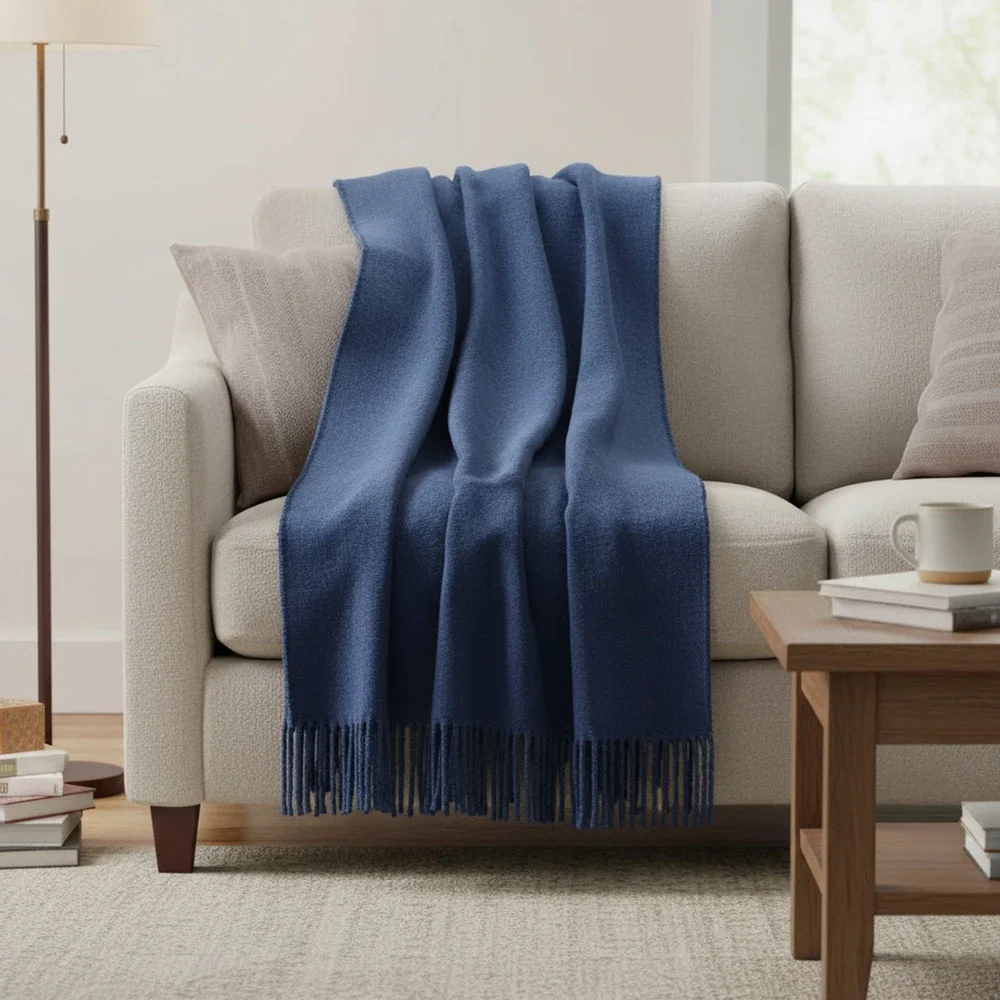 Blue Recycled Cotton Fringed Throw Blanket 50x70 Oeko-Tex